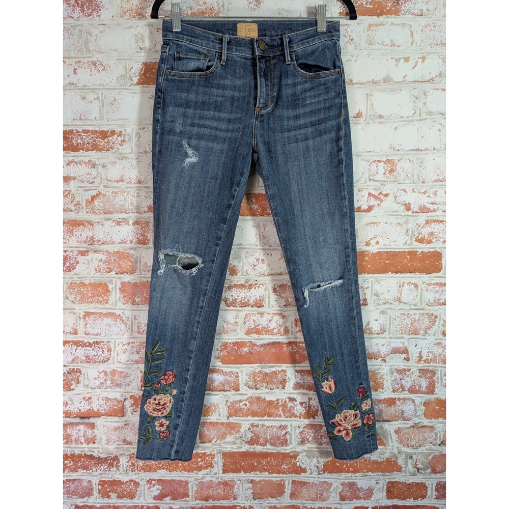 Driftwood Jackie Jeans Womens 26 Floral Embroidered Distressed Skinny Raw Hem